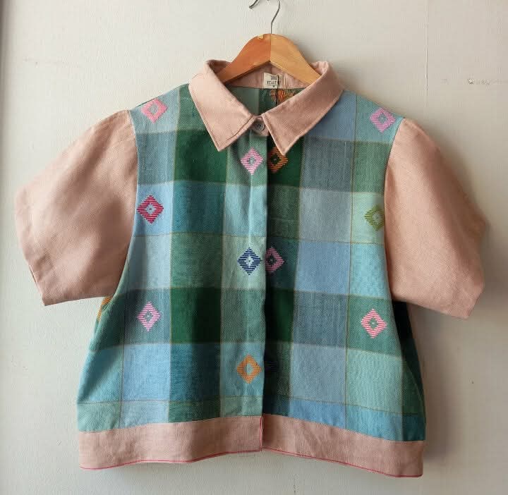 MARIKIT: ATHENA DIAMANTE FULL W/ MISTY ROSE LINEN SLEEVES & COLLAR