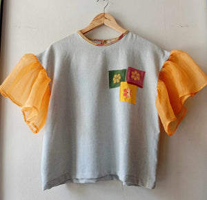 MATAHUM: CORAZON IN DUSTY BLUE W/ PIÑA ( ORANGE  ) SLEEVES