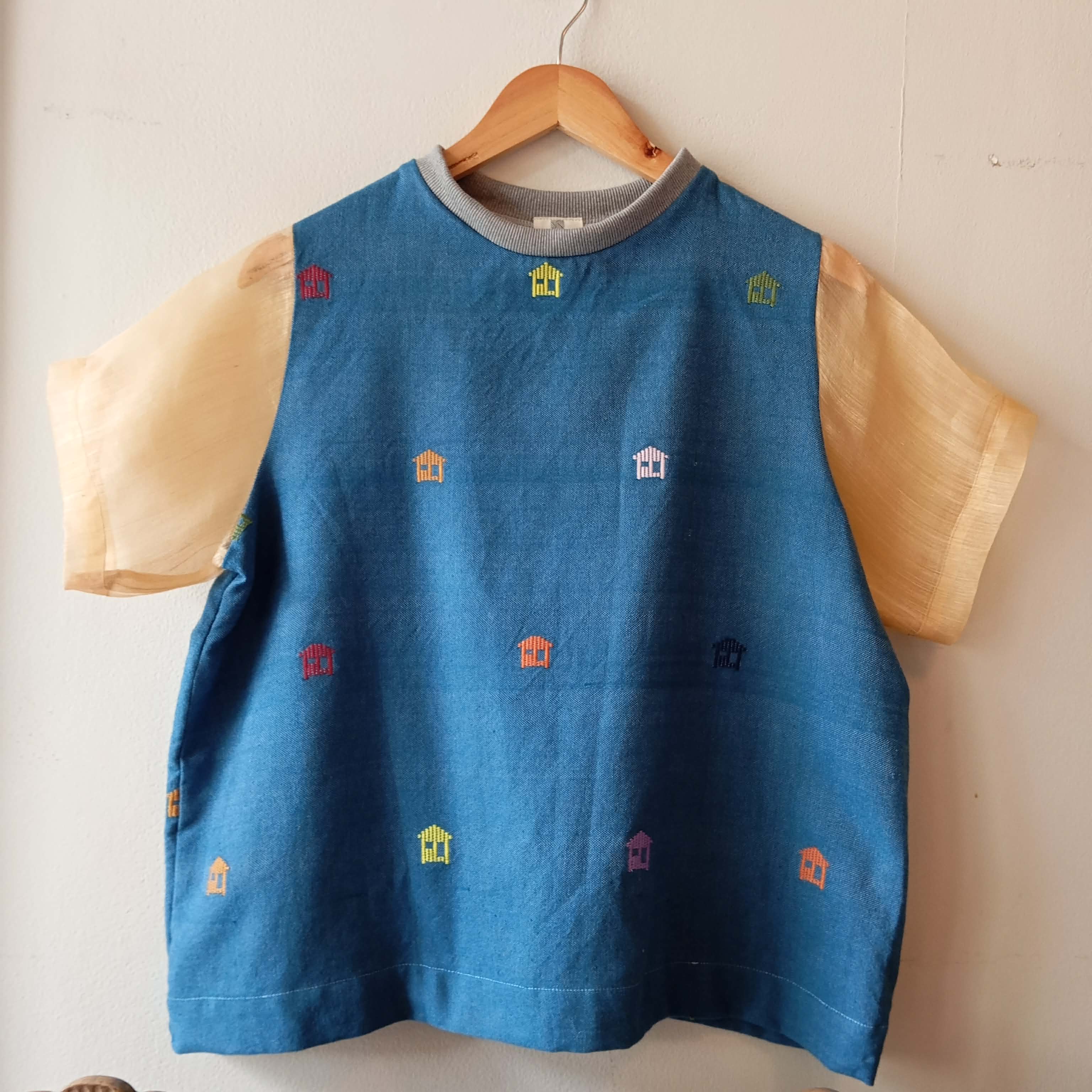 MATAHUM: PAMANA V2 IN DARK DENIM BAHAY KUBO W/ LIGHT ORANGE PINA SLEEVES/ GRAY COLLAR